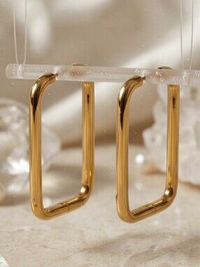 Rectangle Hoop Earrings 18K Gold Plated 316L SS Clean Girl Quiet Luxury 1.55"